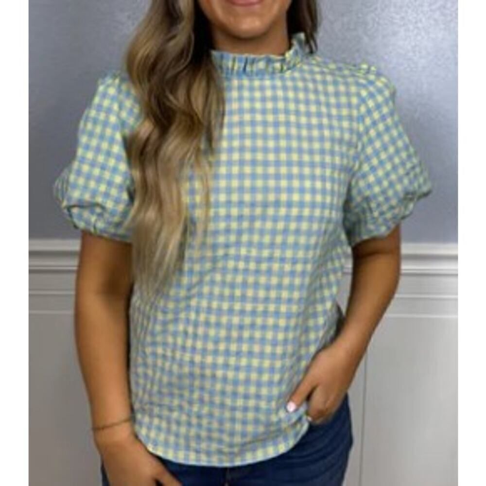 Anniewear Yellow Blue Gingham Puff Sleeve Top Sz. L
